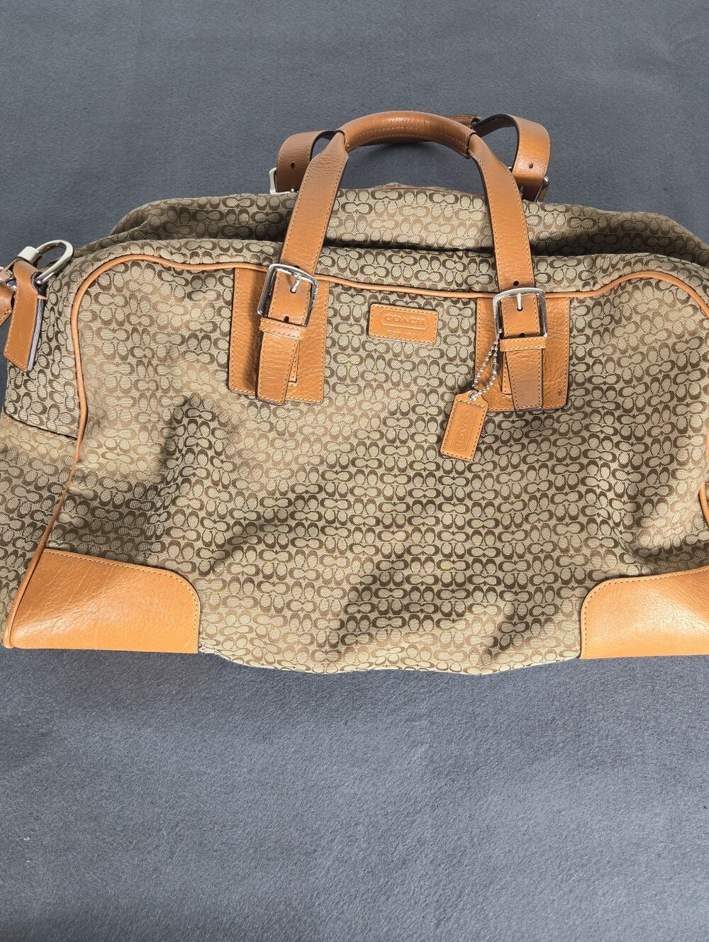 Coach Y2K Vintage Brown Signature Canvas Duffel with Tan Leather Trim